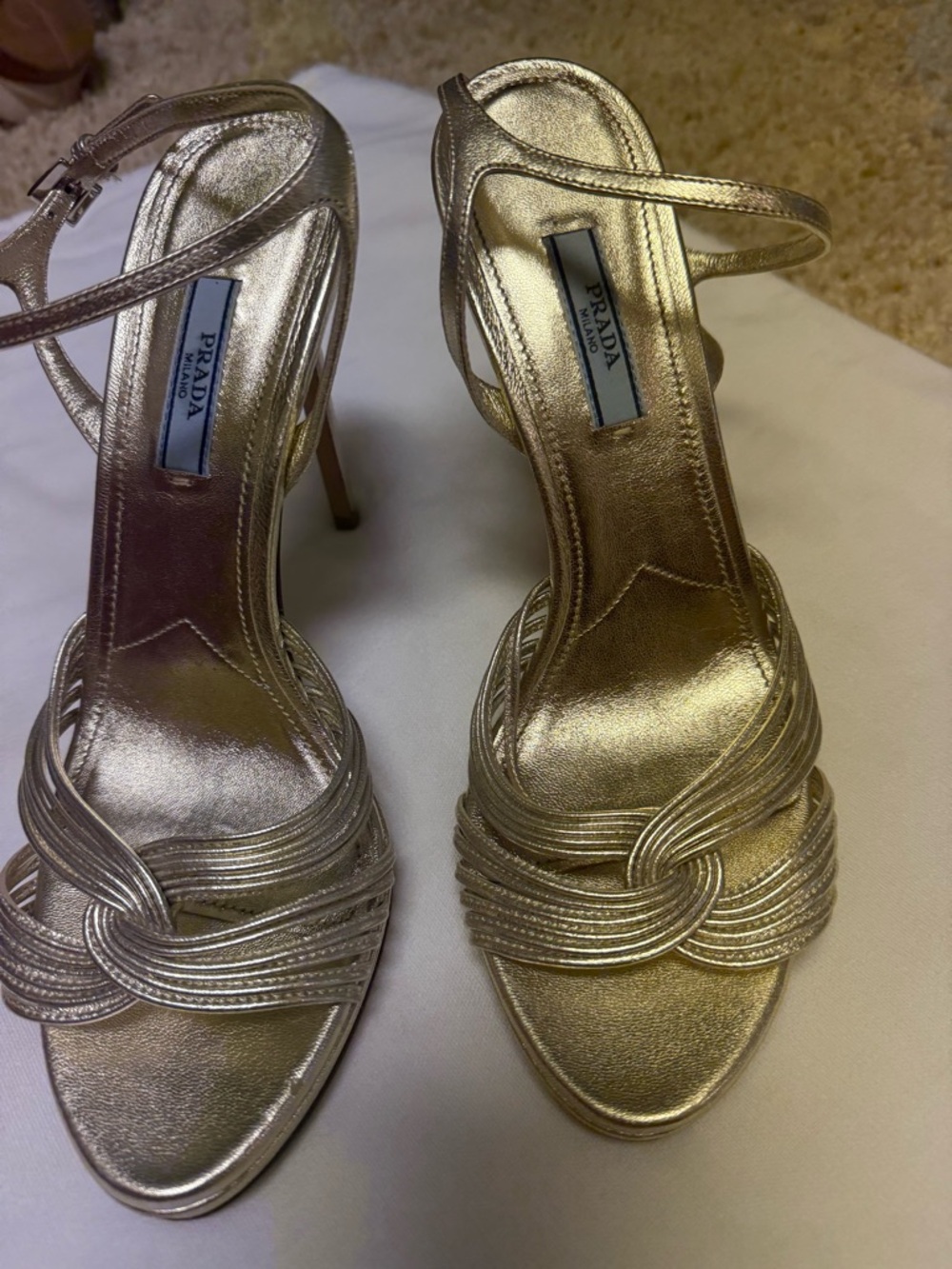 Prada Metallic Gold Knotted Strappy High Heel Sandals
